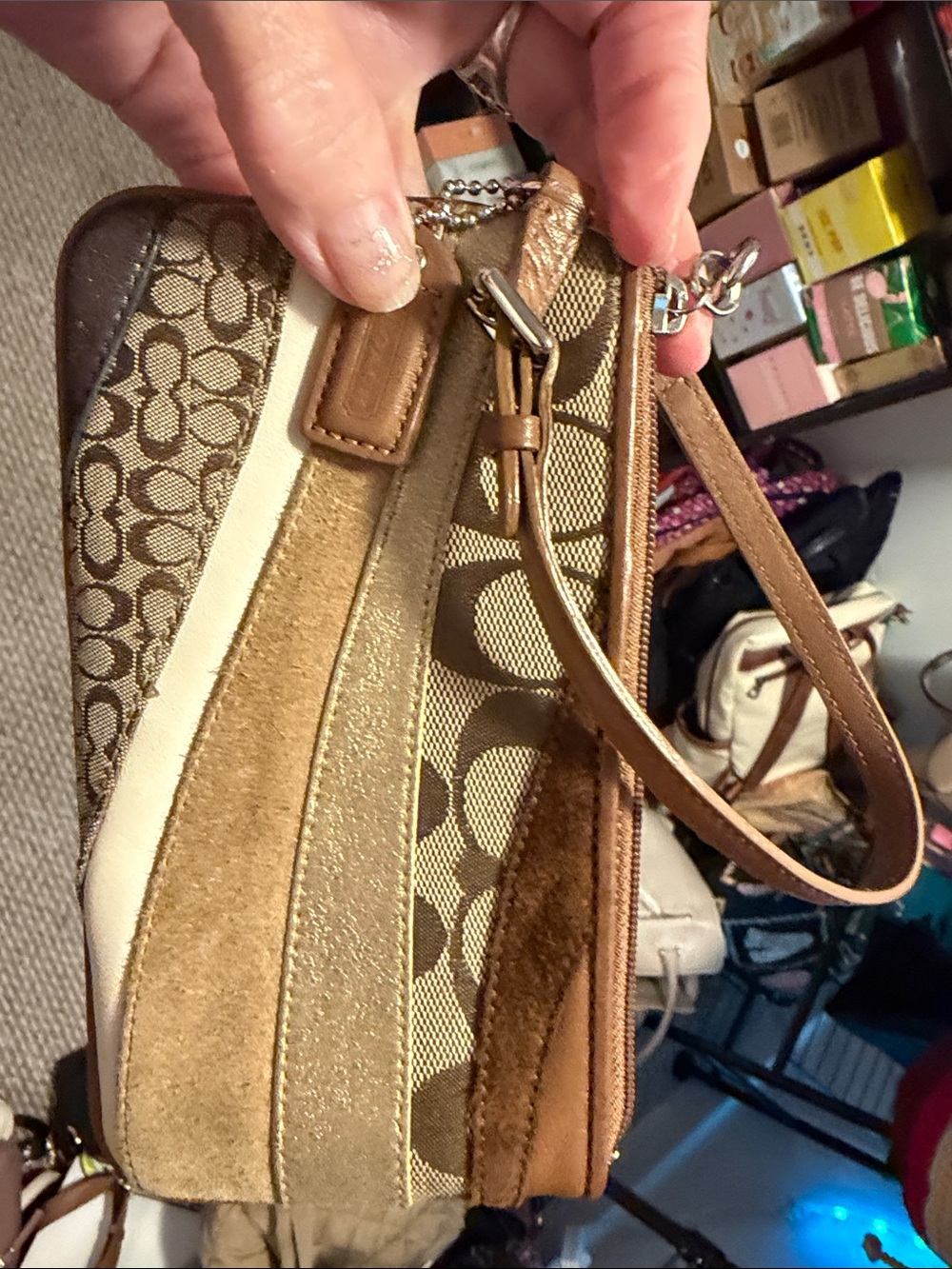 Coach Brown and Tan Signature Patchwork Wristlet